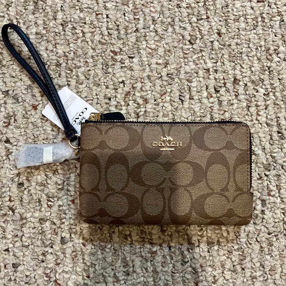 Coach Brown Signature Wristlet with Black Strap